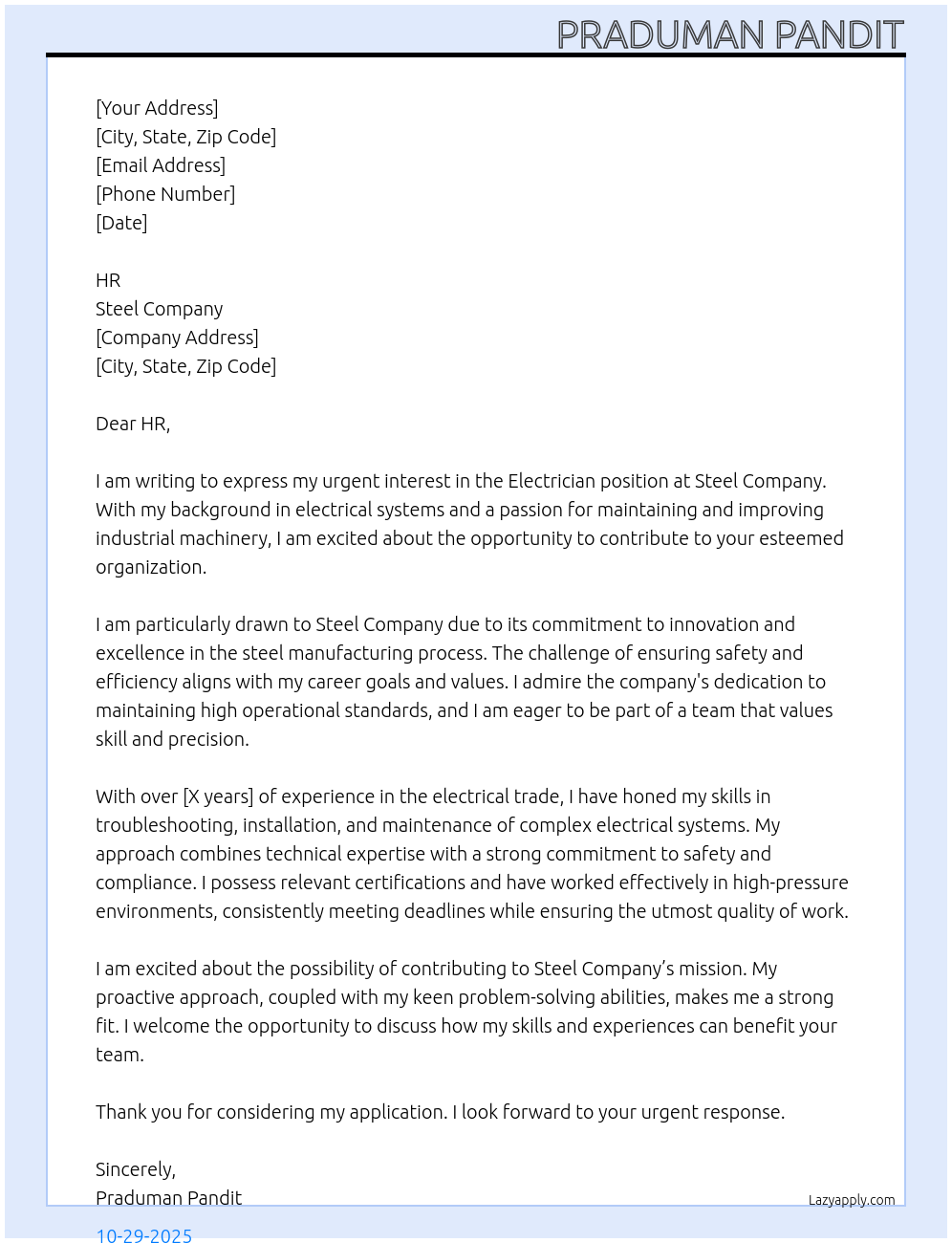 Electrician At Steel company Cover Letter