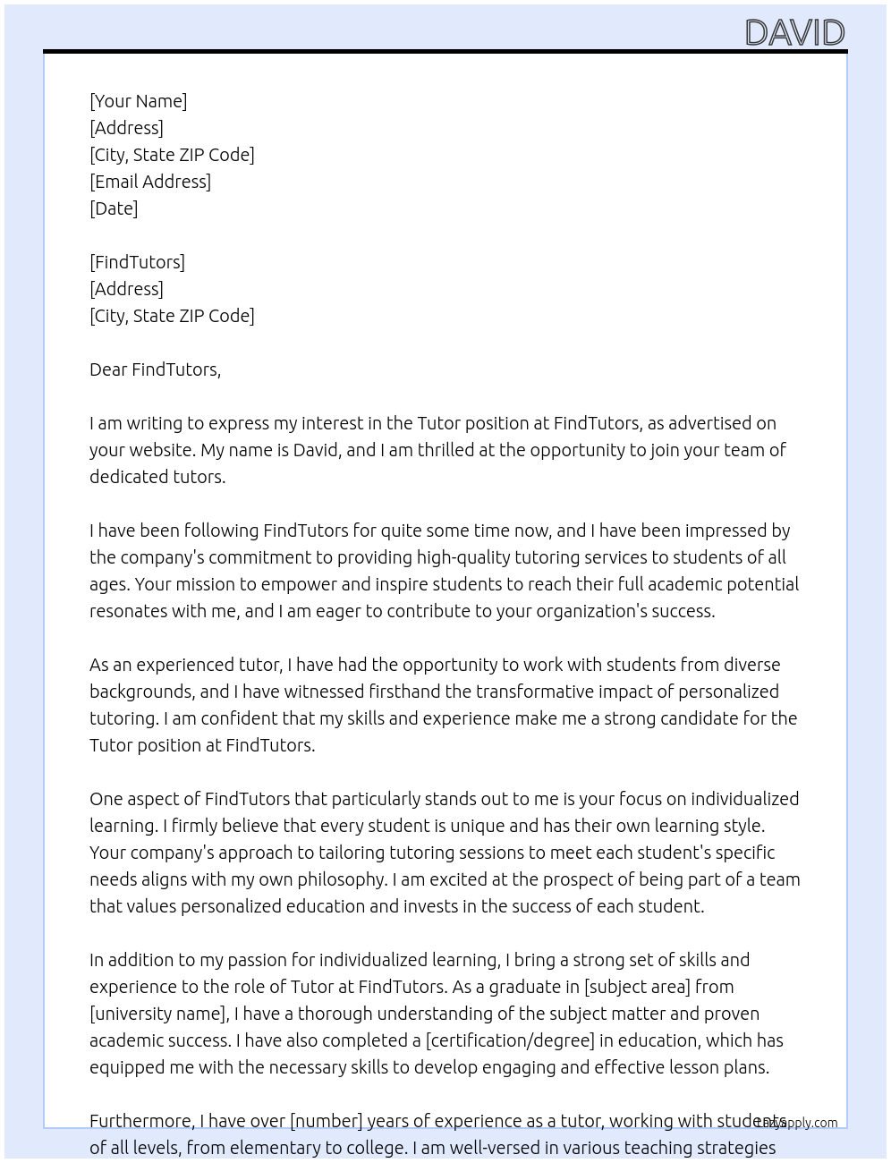 Tutor At FindTutors Cover Letter
