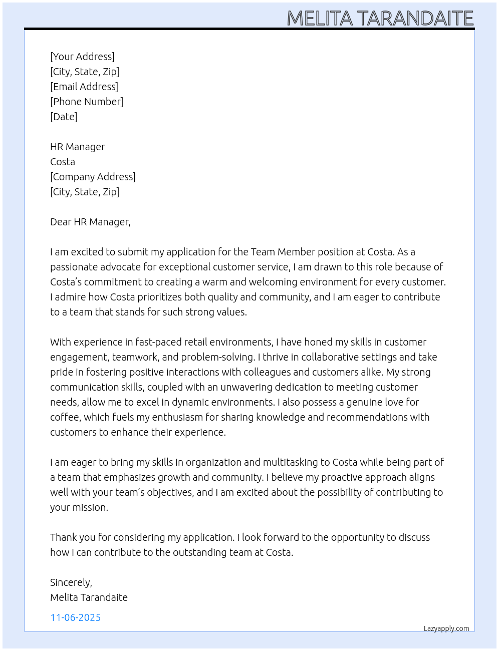 Cover letter for team member - LazyApply