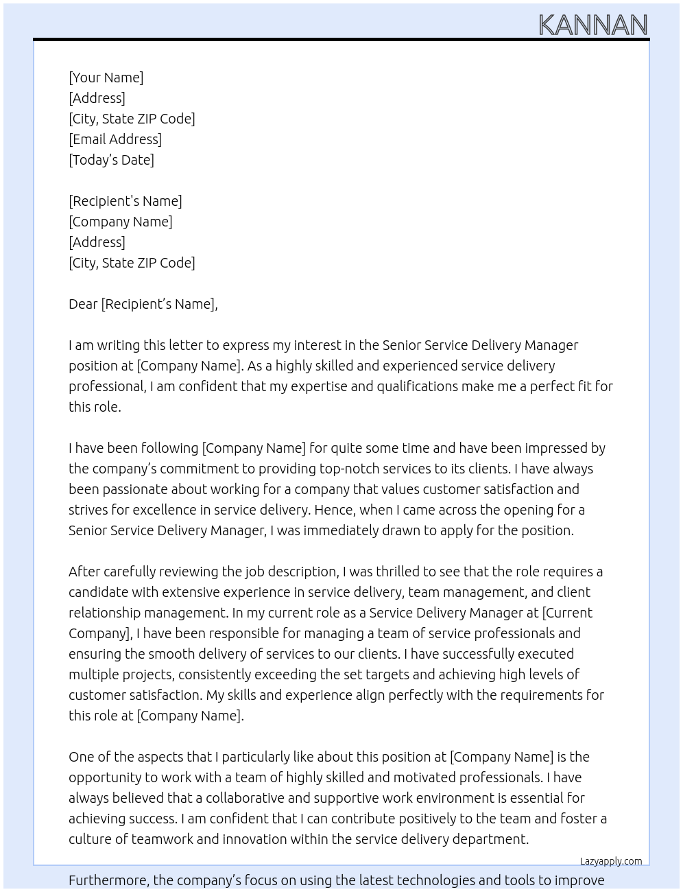 Senior Service delivery manager At abc Cover Letter