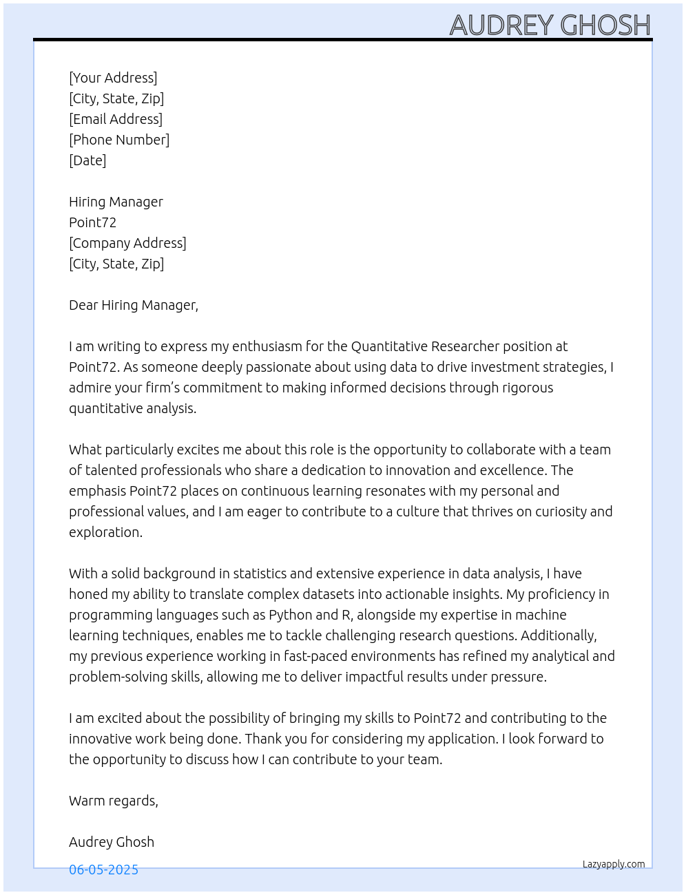 Quantitative Researcher At Point72 Cover Letter