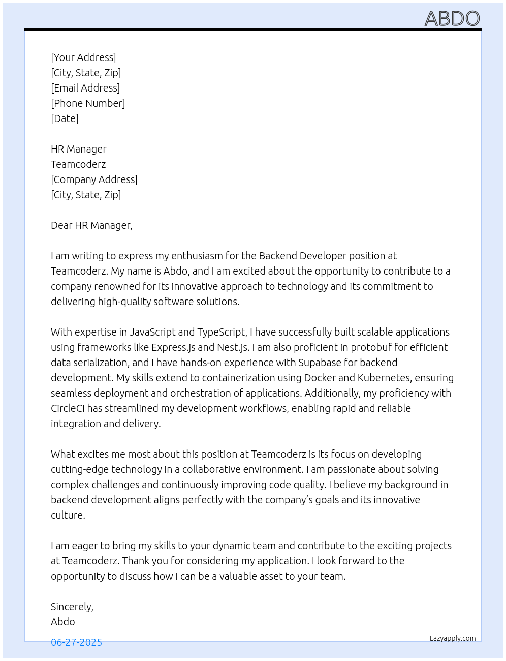 Backend Developer At teamcoderz Cover Letter