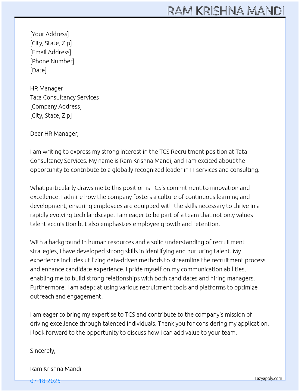 TCS RECRUITMENT At TATA CONSULTANCY SERVICES Cover Letter