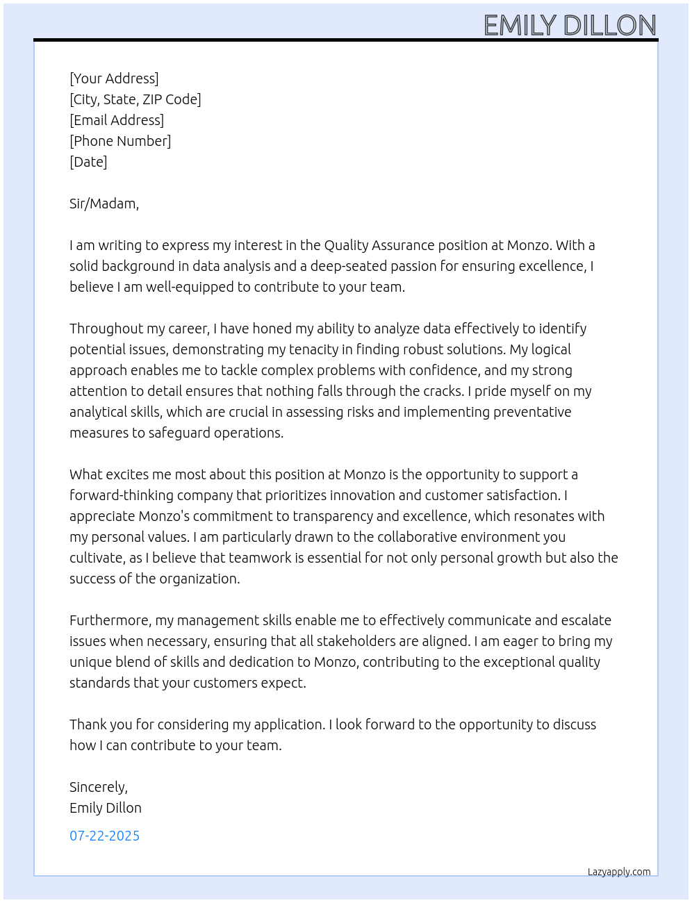 Quality Assurance  At Monzo  Cover Letter