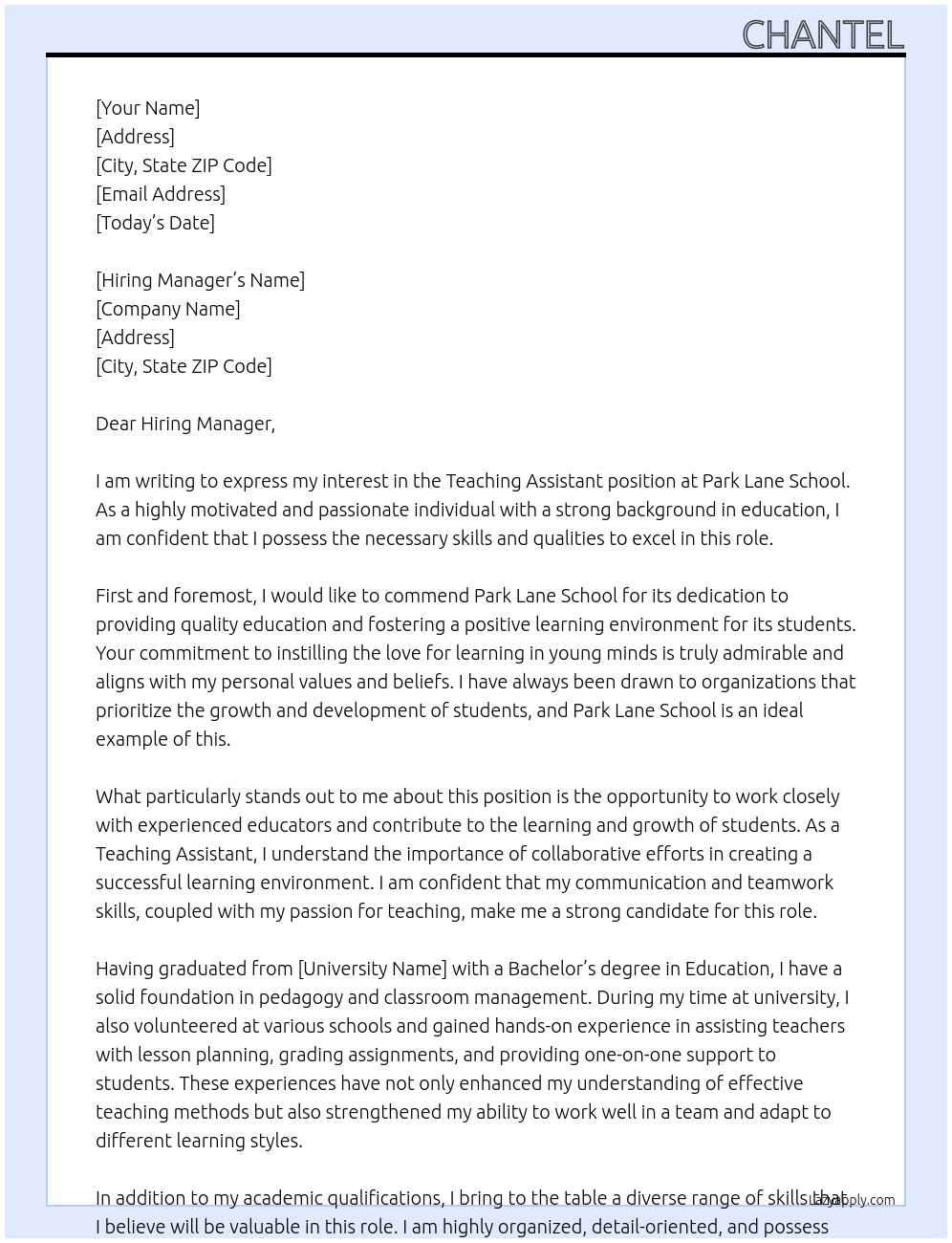 Teaching assistant At Park lane school Cover Letter