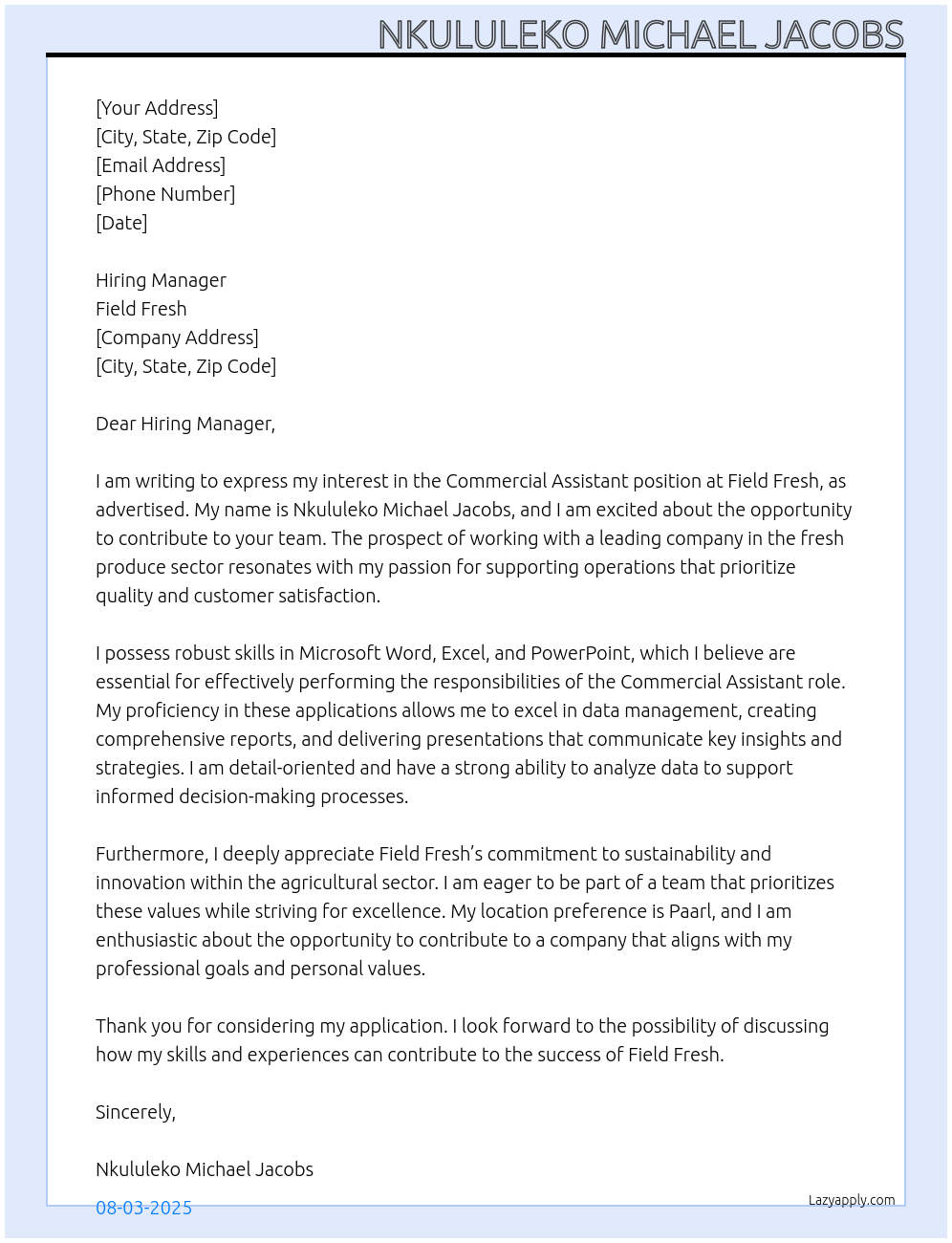 Cover letter for commercial assistant - LazyApply
