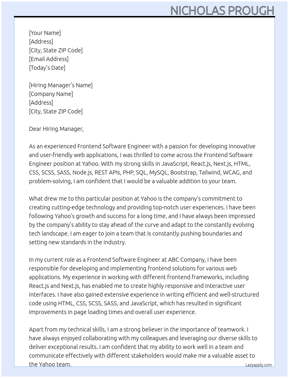 Frontend Software Engineer At Yahoo Cover Letter