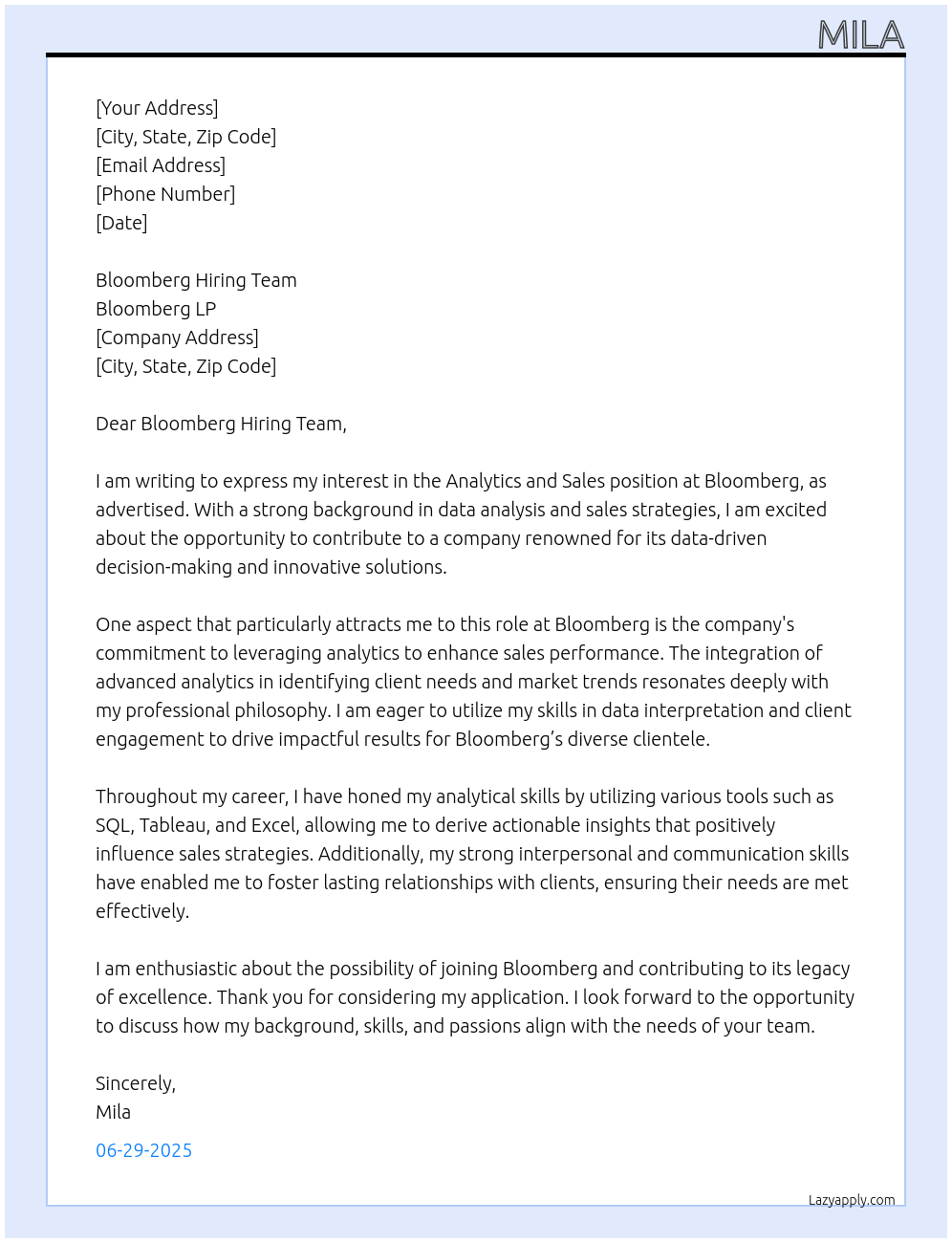 Analytics and sales At Bloomberg Cover Letter
