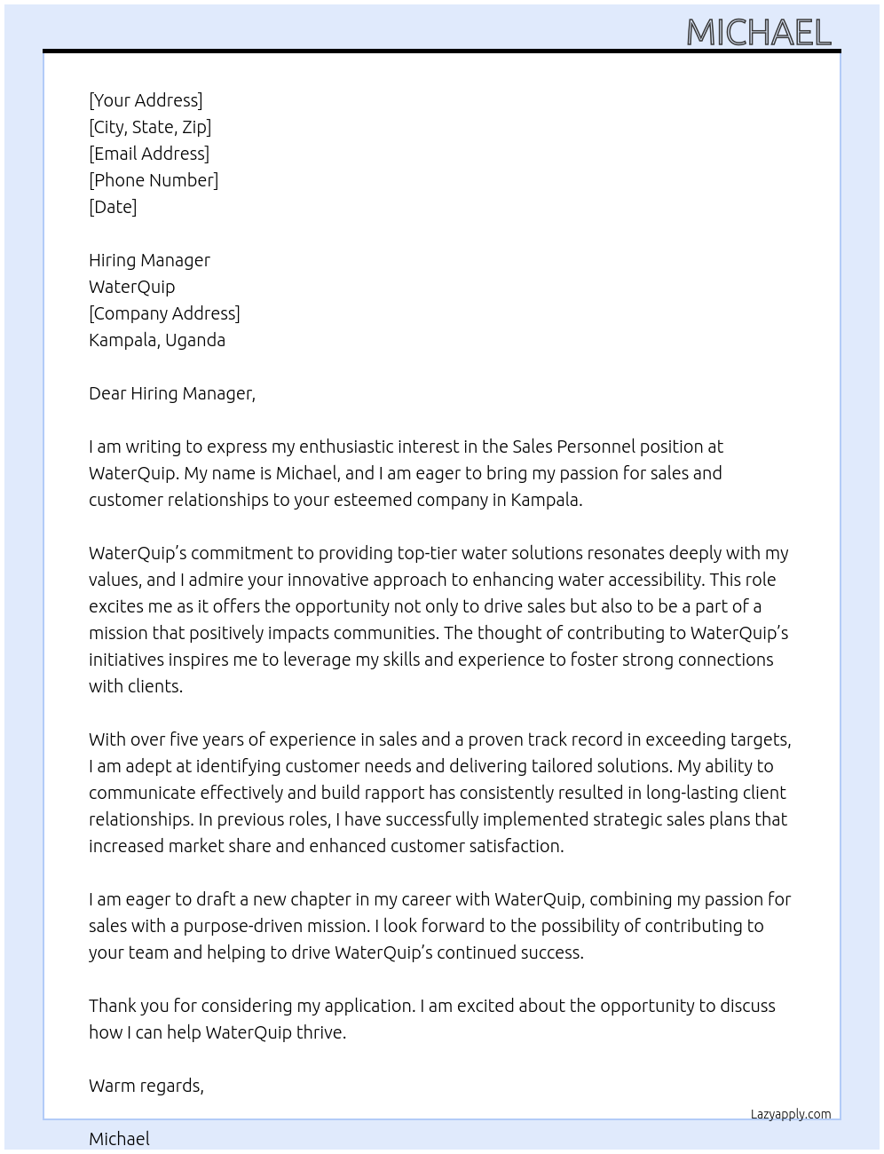 Cover letter for sales personnel - LazyApply