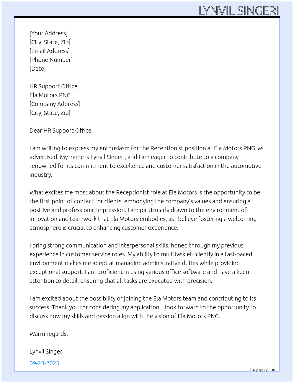 Receptionist At Ela Motors PNG Cover Letter