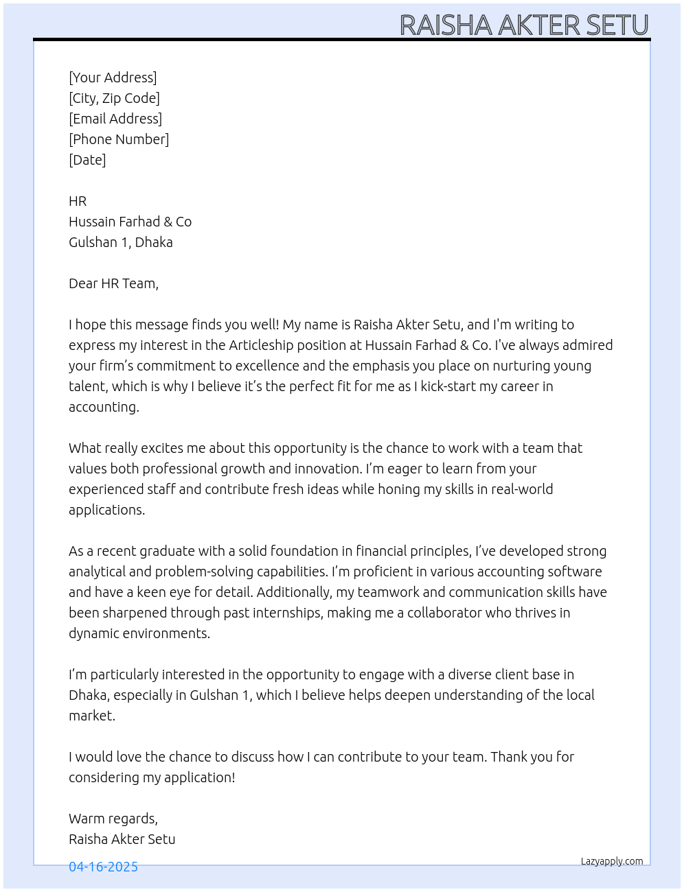 Articleship At Hussain Farhad &Co Cover Letter