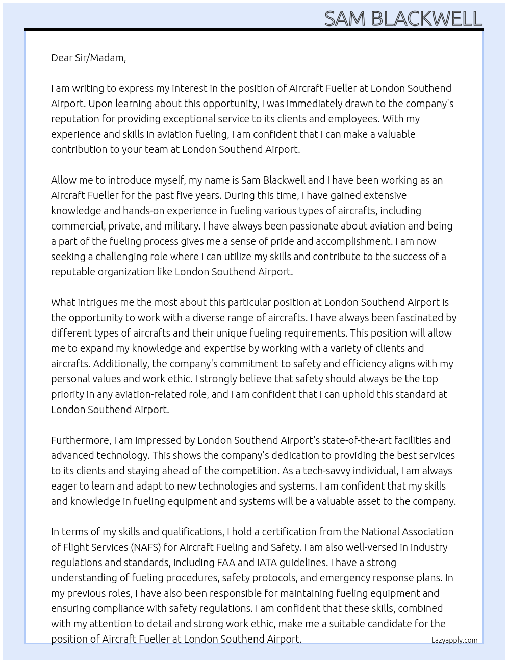 Aircraft Fueller At London Southend Airport Cover Letter