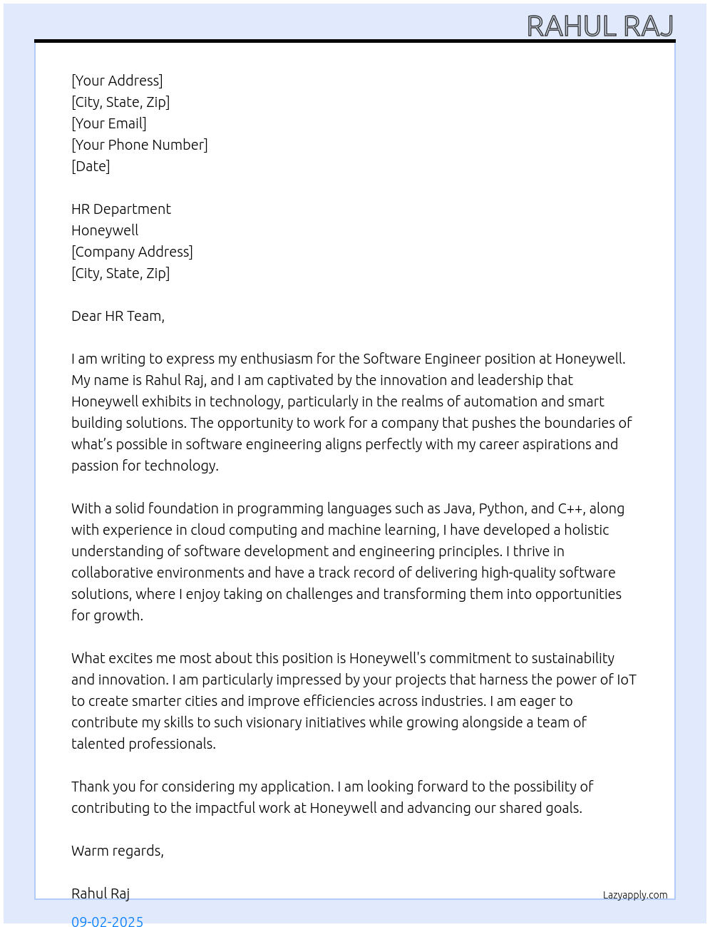 Software engineer At Honeywell Cover Letter