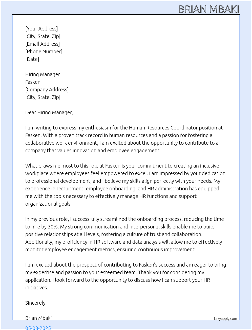 Human Resources Coordinator At Fasken Cover Letter