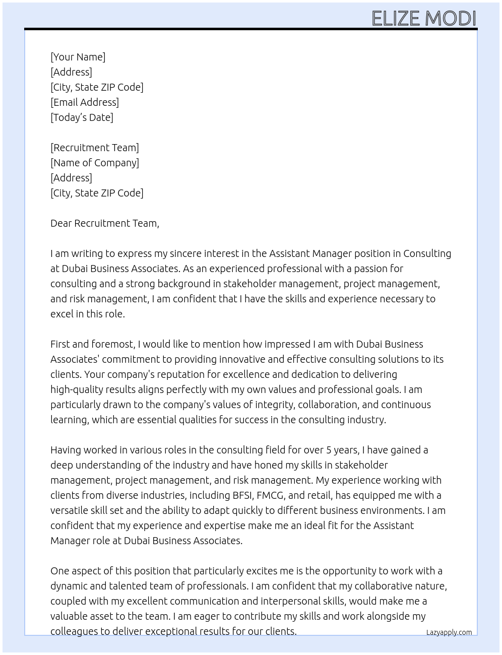 Cover letter for assistant manager in consulting - LazyApply