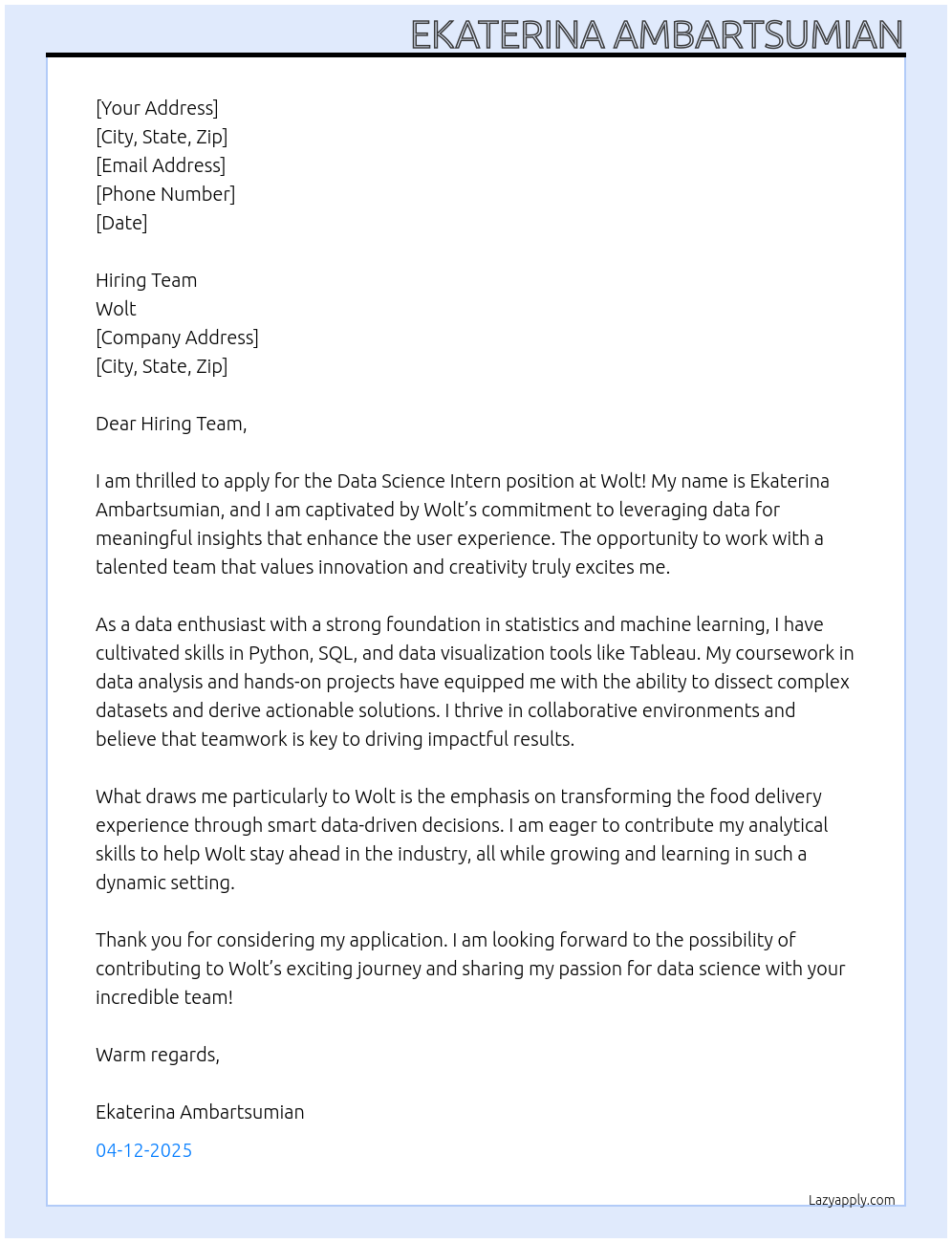 Data Science Intern At Wolt Cover Letter