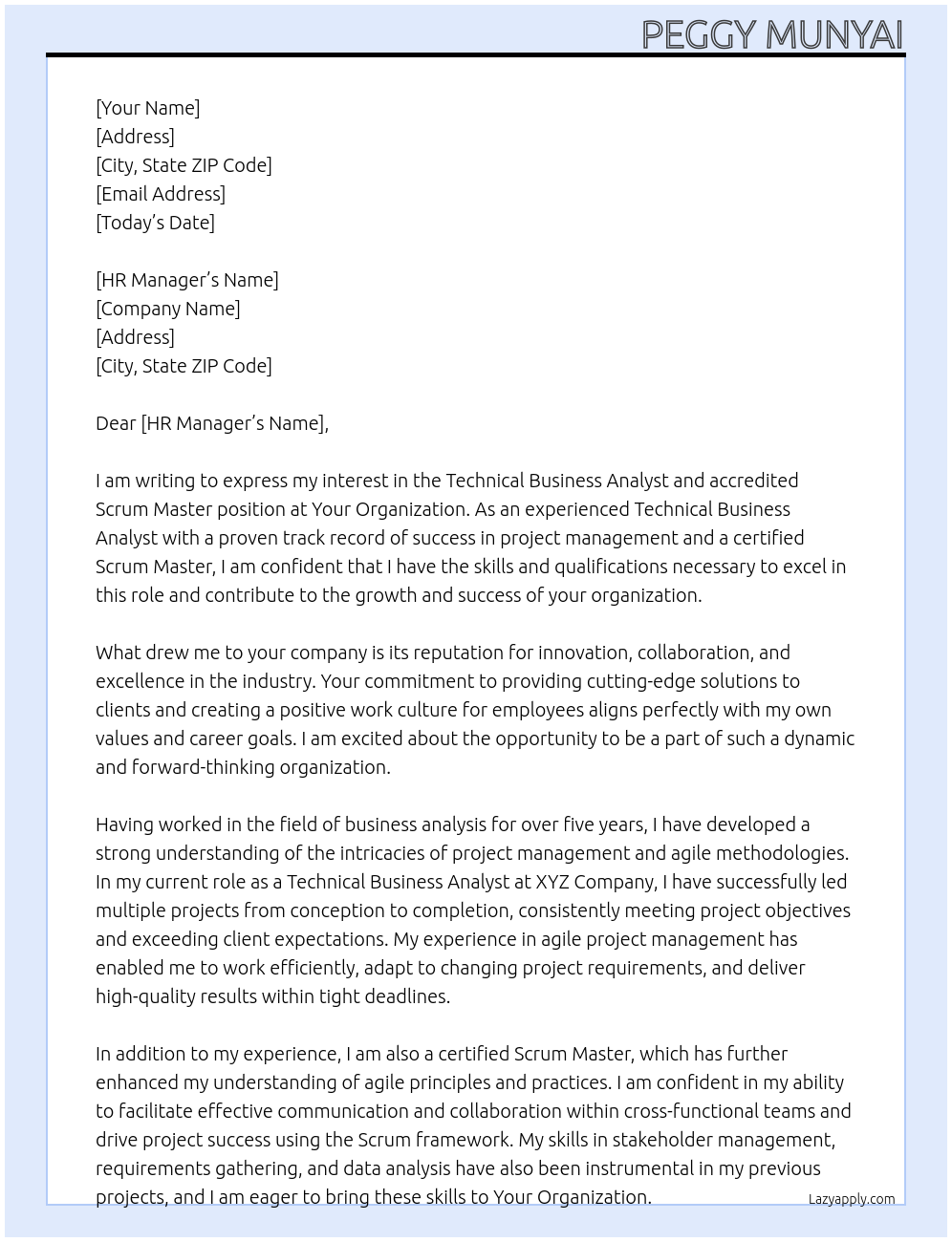 Cover letter for technical business analyst and accredited scrum master - LazyApply