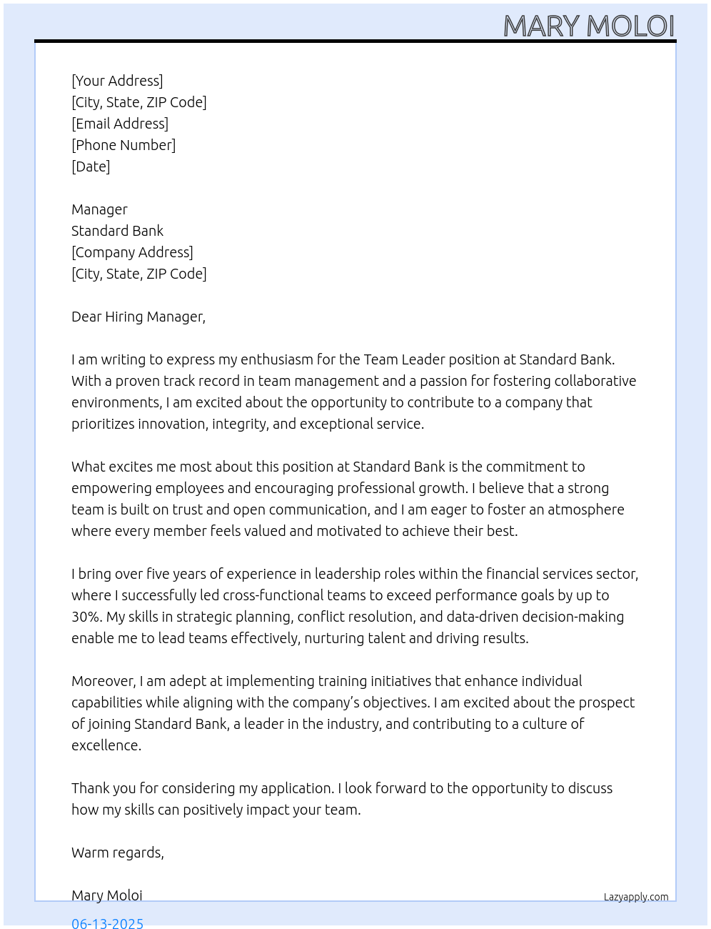 Team leader At Standard Bank Cover Letter