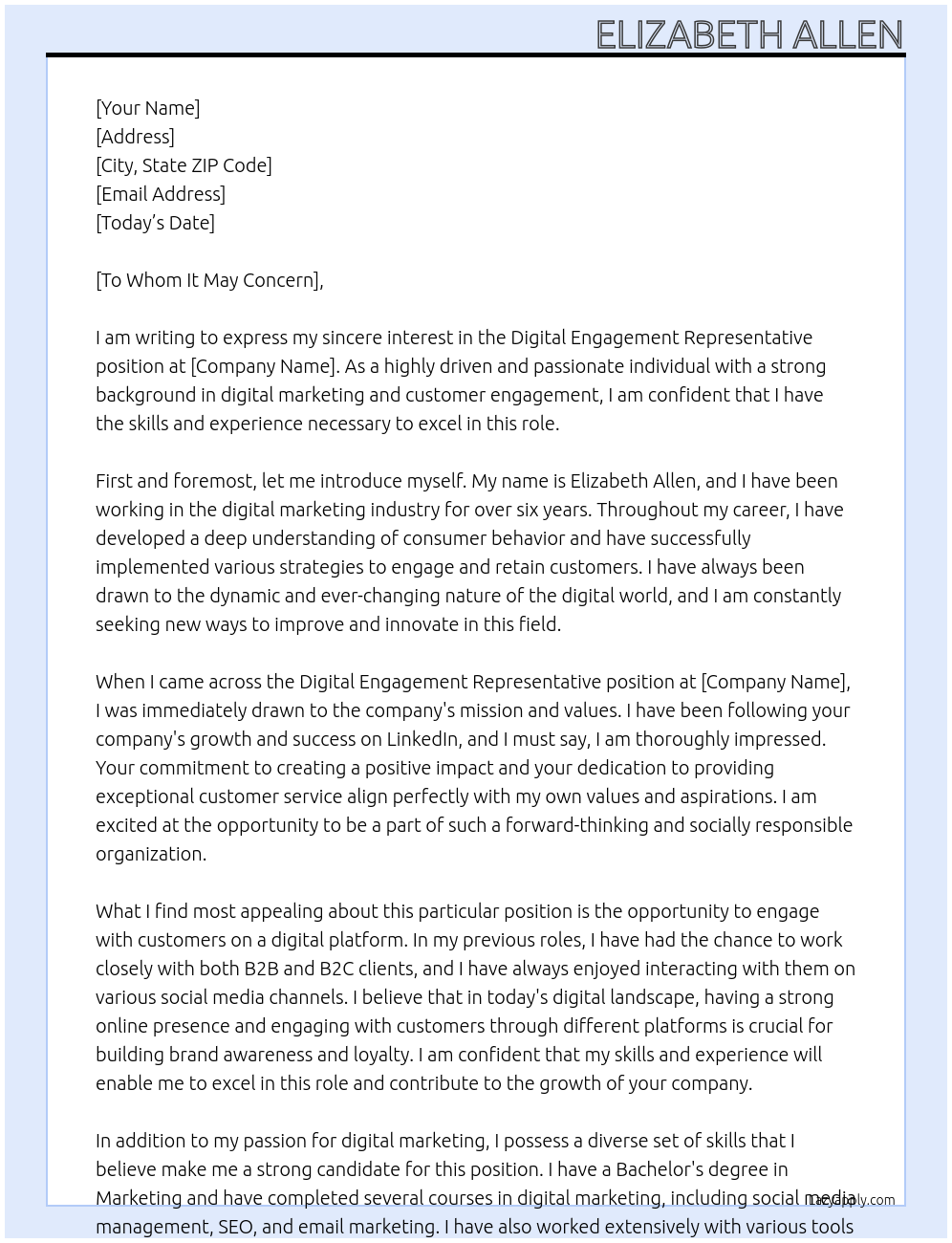 Digital Engagement Representative At https://www.linkedin.com/company/10669917 Cover Letter