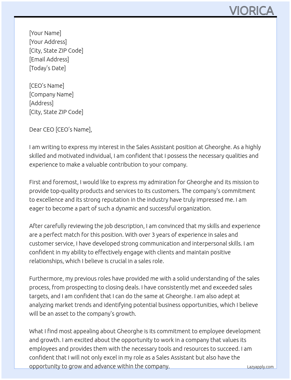 Sale Assistant At Gheorghe Cover Letter