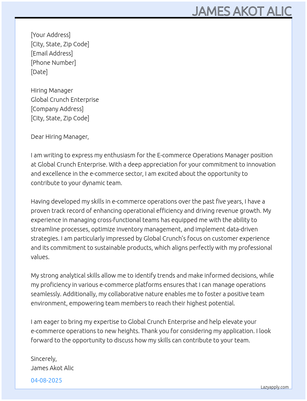 Cover letter for e-commerce operations manager - LazyApply
