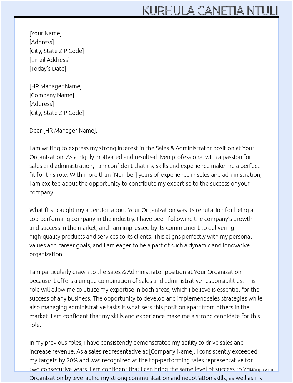 Sales & Administrator At Your Organization Cover Letter