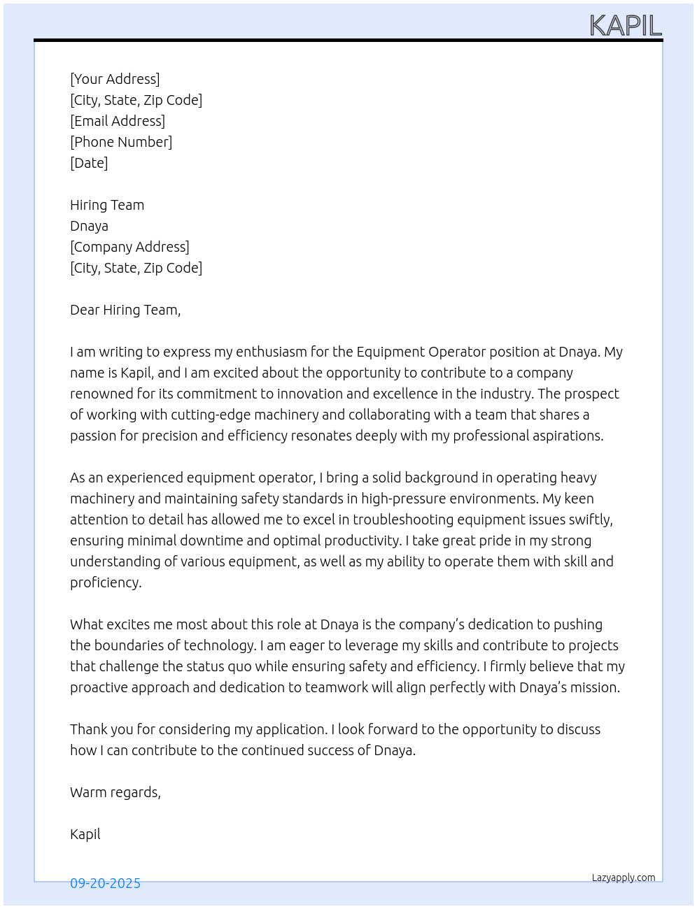 Equipment operator At Dnaya Cover Letter