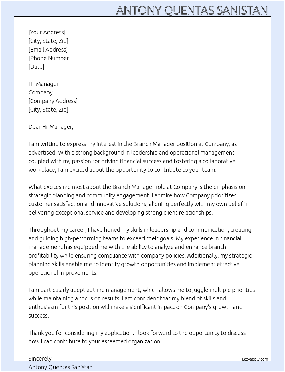 Branch Manager At Company Cover Letter