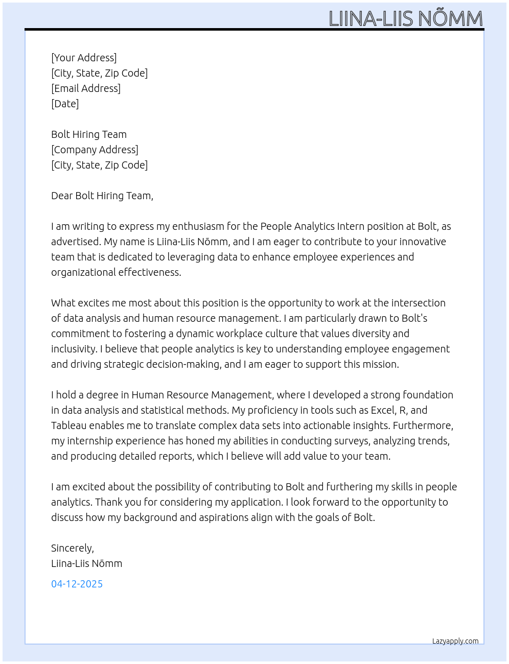 People Analytics Intern At Bolt Cover Letter