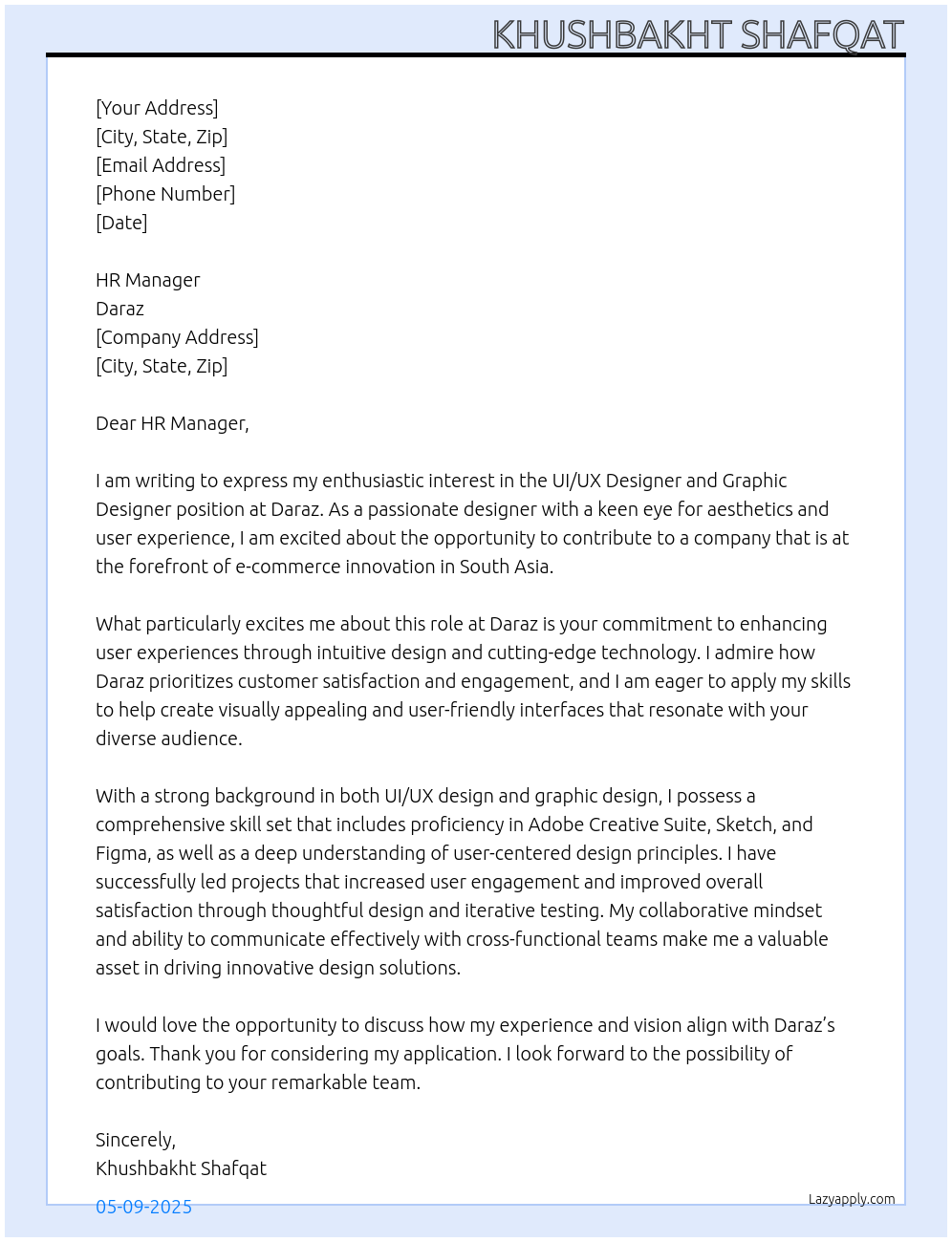 UI/UX designer and graphic designer At Daraz Cover Letter