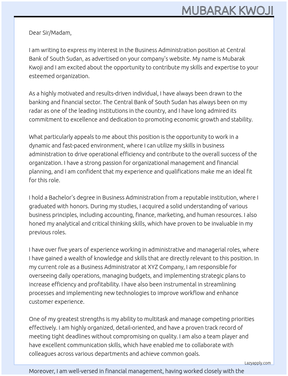 business administration At central bank of south sudan Cover Letter