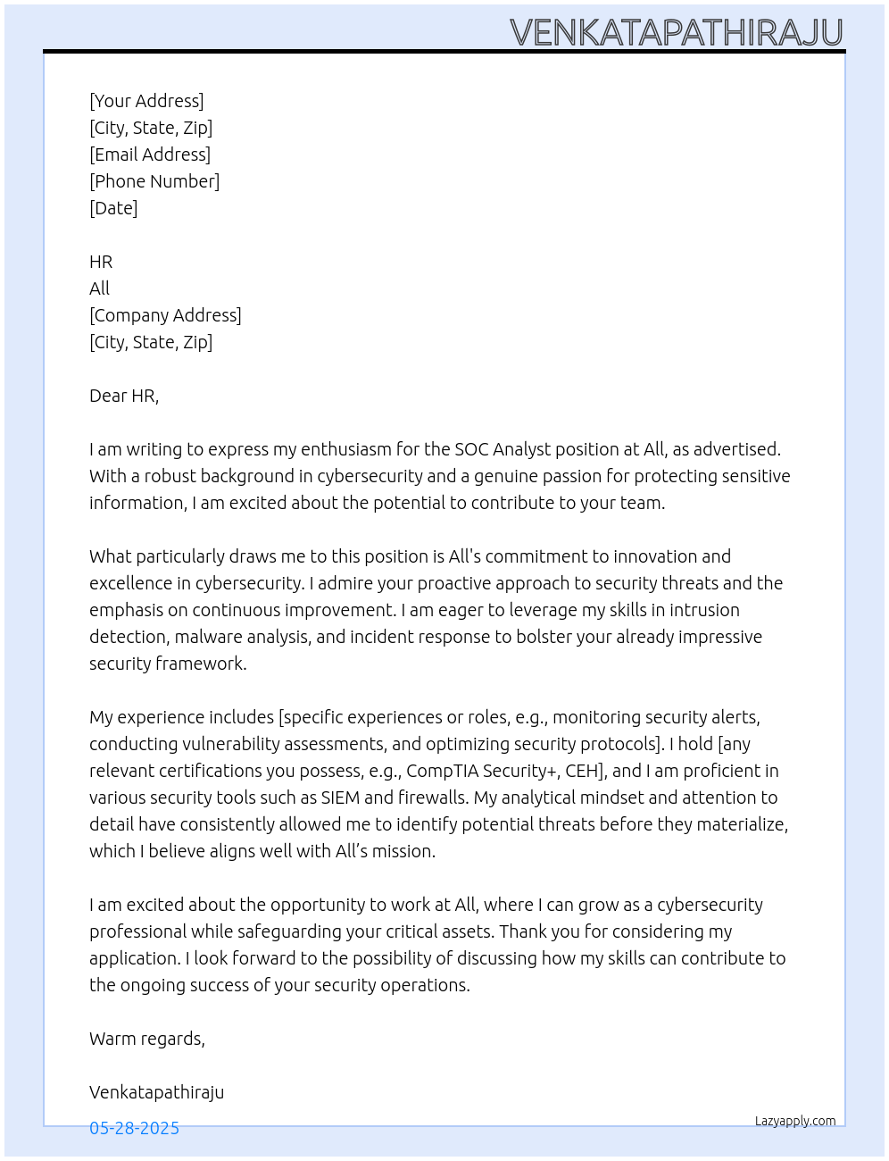 SOC Analyst At All Cover Letter