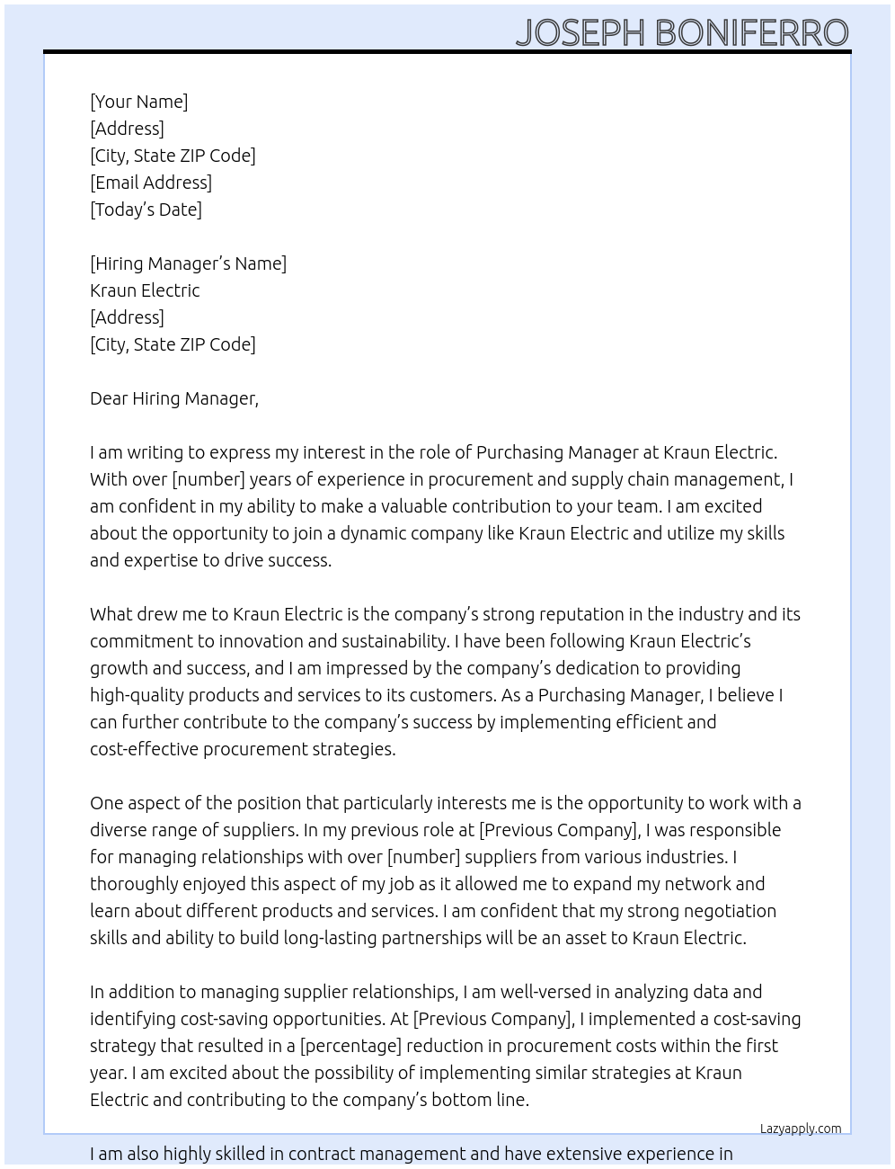 Purchasing Manager At Kraun Electric Cover Letter