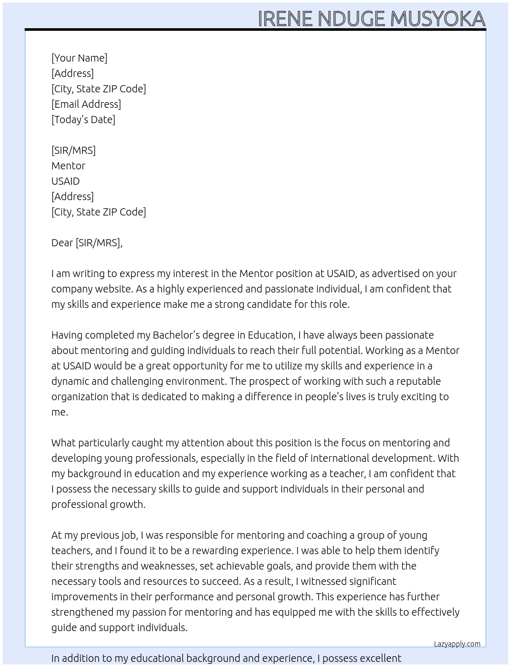 Mentor At USAID Cover Letter