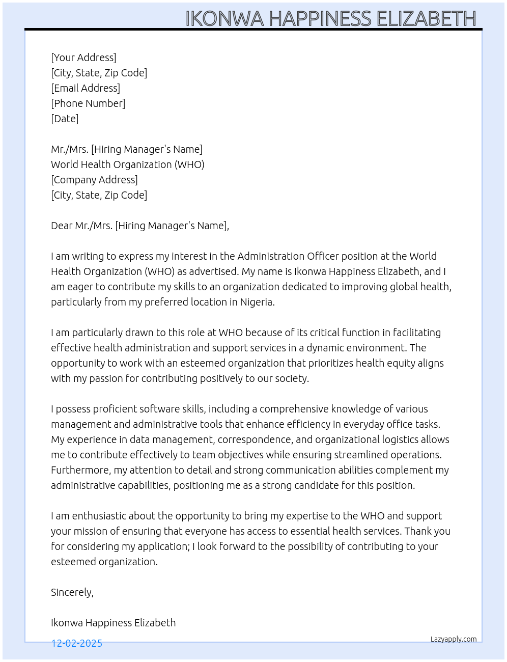 Cover letter for administration officer - LazyApply