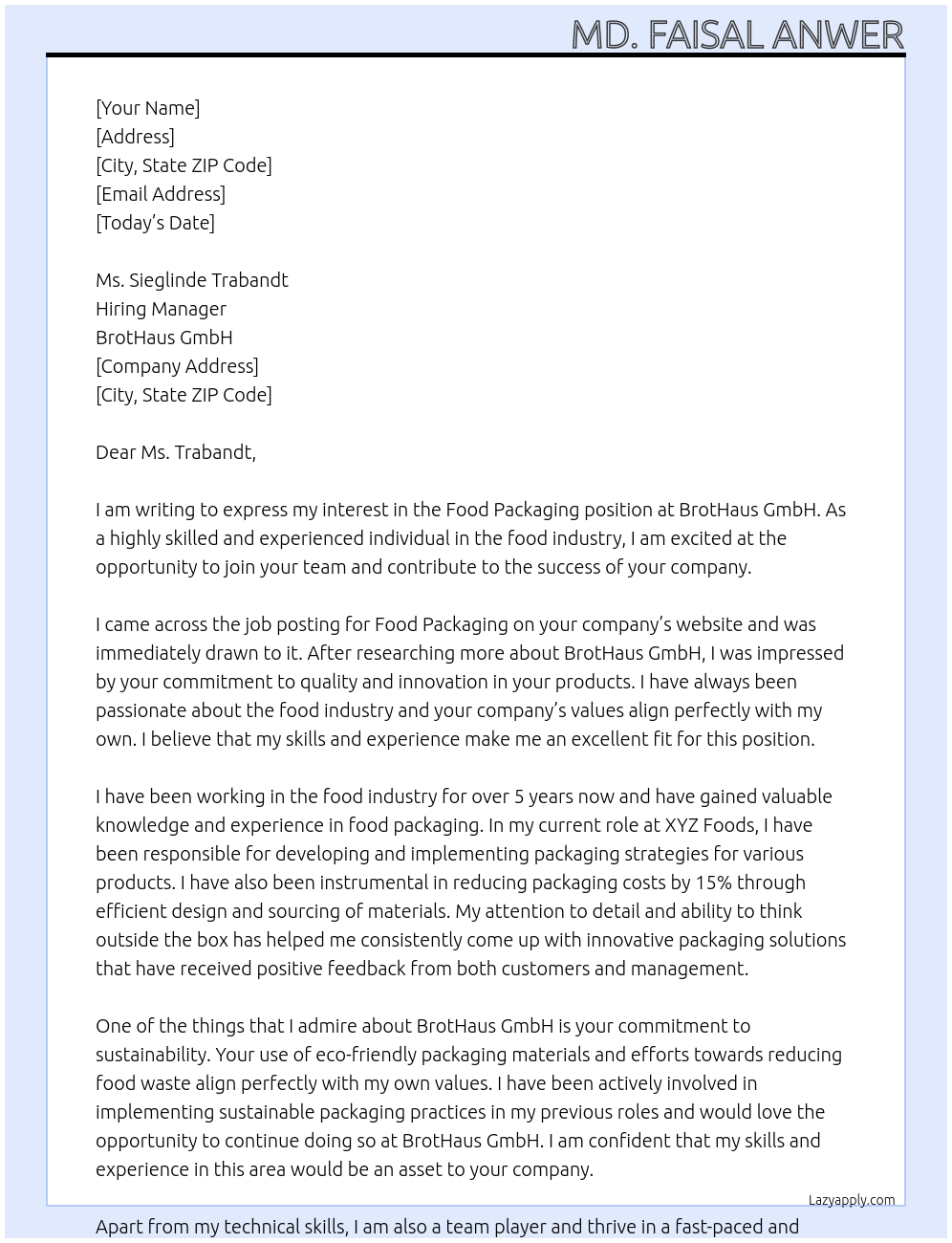 food packaging At BrotHaus GmbH Cover Letter