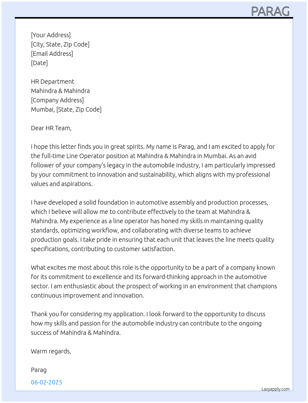 Automobile industre At Mahindra & Mahindra Cover Letter