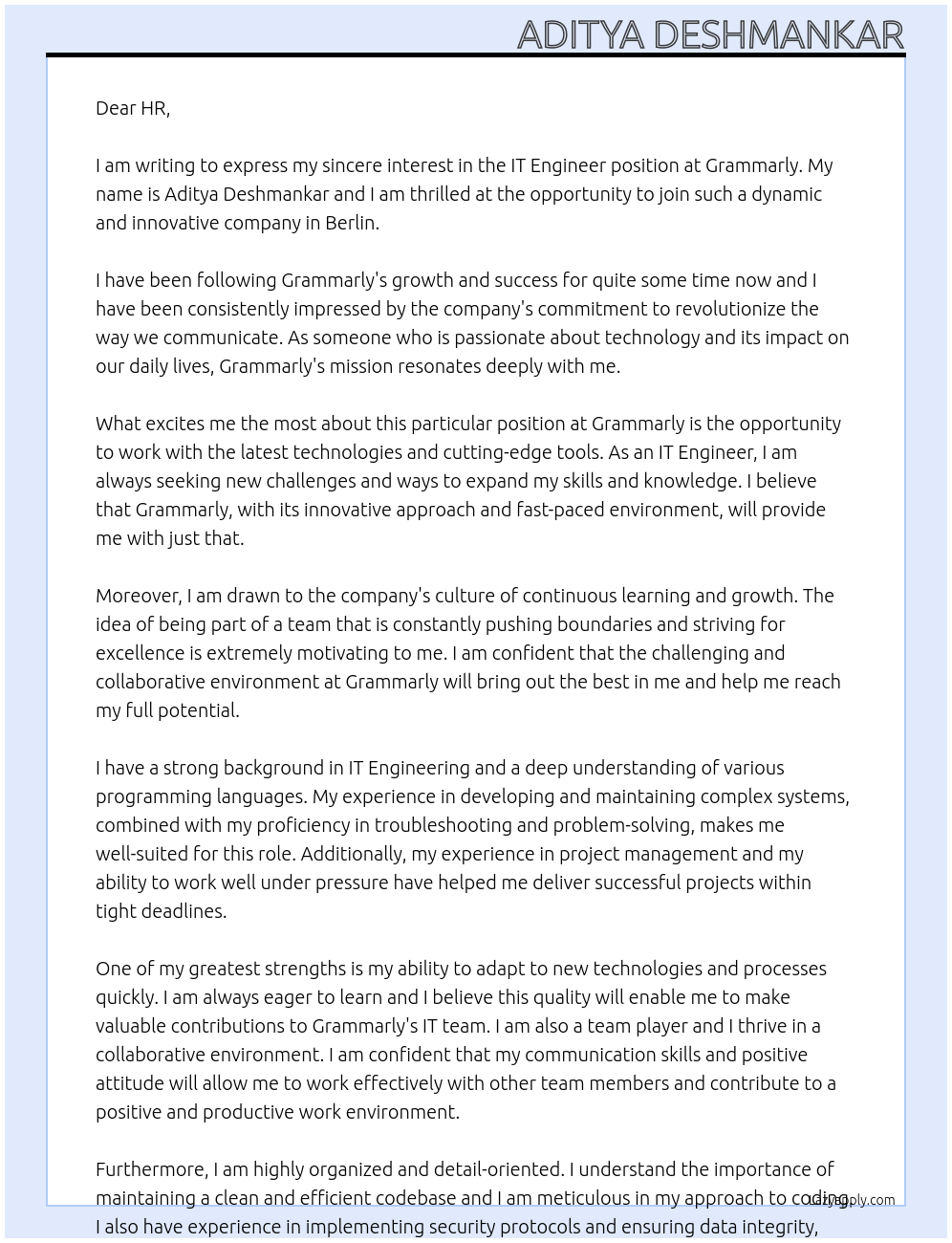IT Engineer At Grammarly Cover Letter