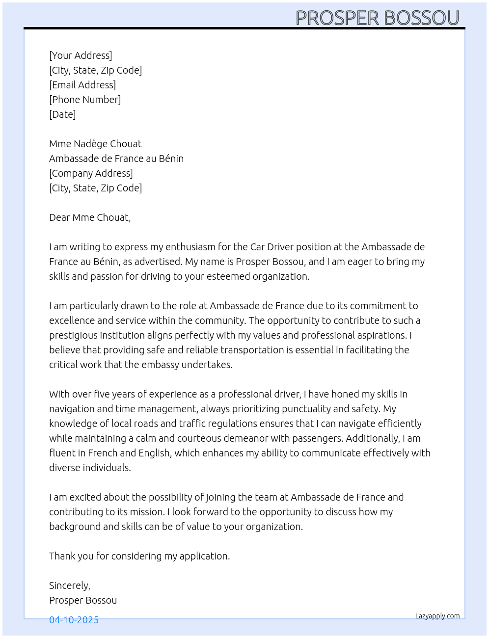 Cover letter for car driver - LazyApply