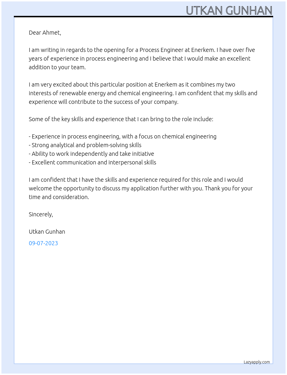 Process Engineer At Enerkem Cover Letter