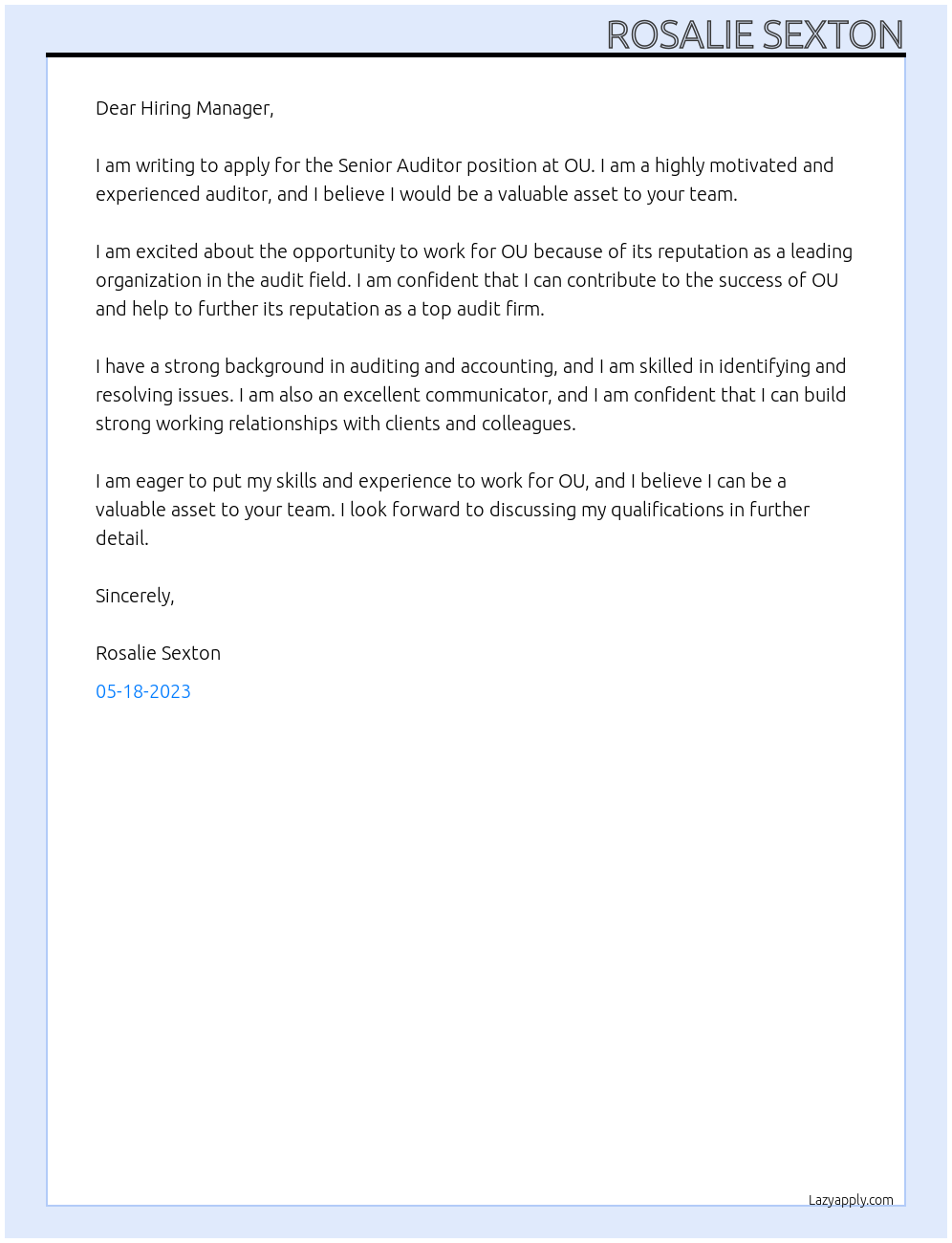 Senior Auditor At OU Cover Letter