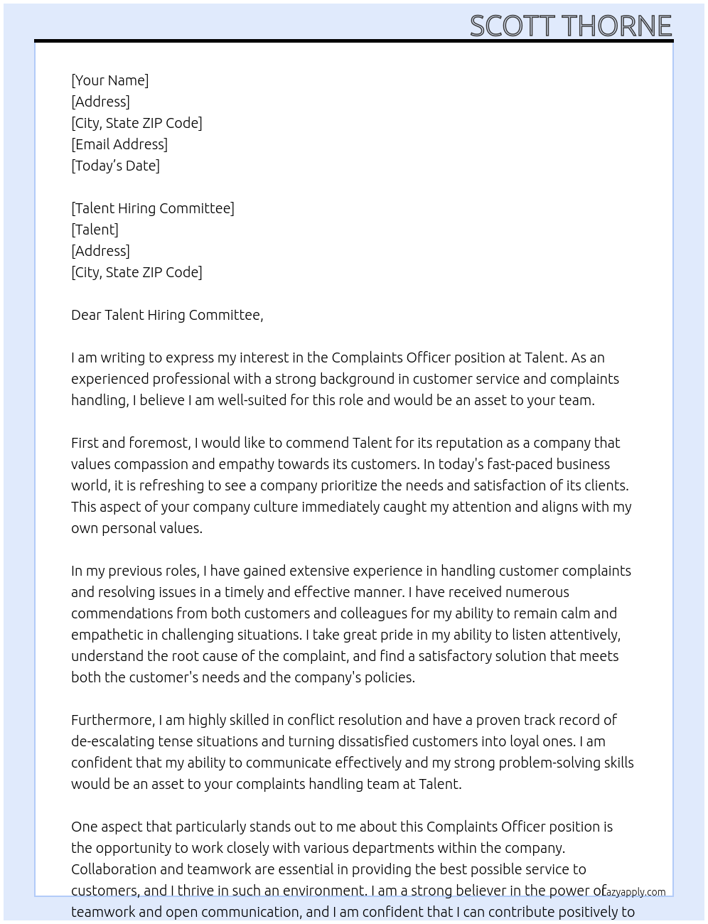 Complaints Officer At Talent Cover Letter