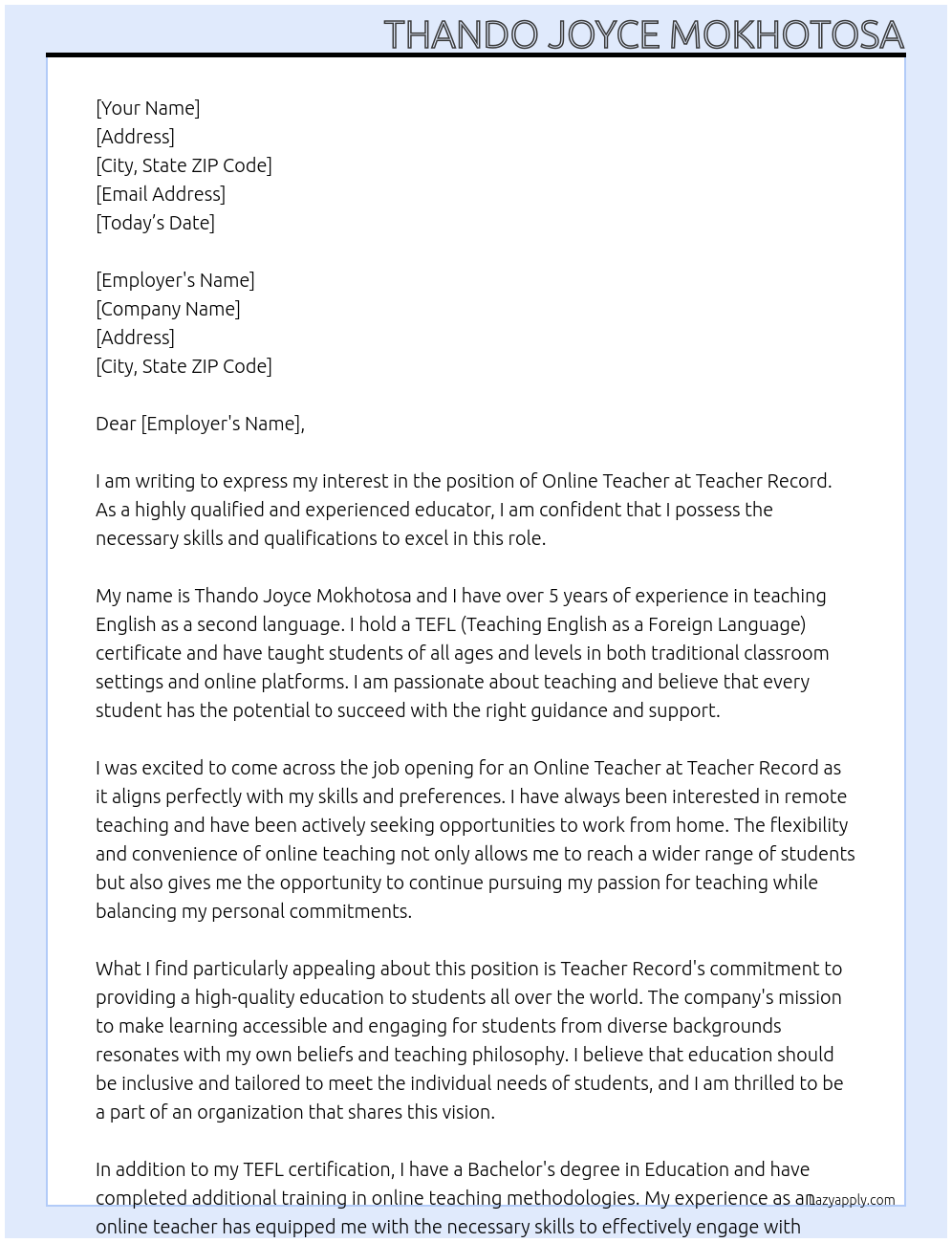 online teacher At Teacher Record Cover Letter