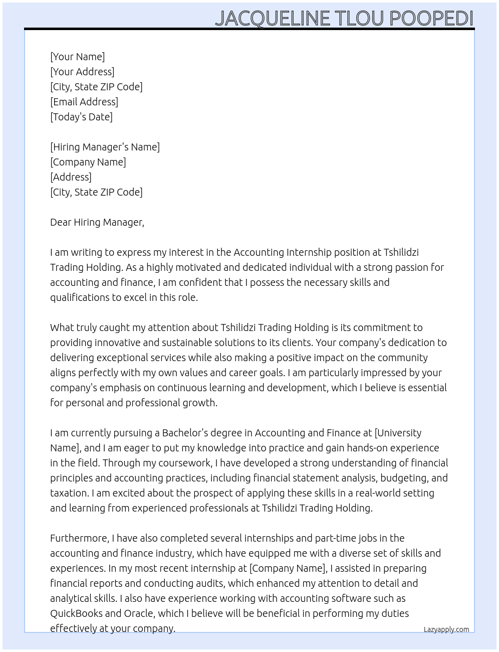 Accounting Internship At Tshilidzi Trading Holding Cover Letter