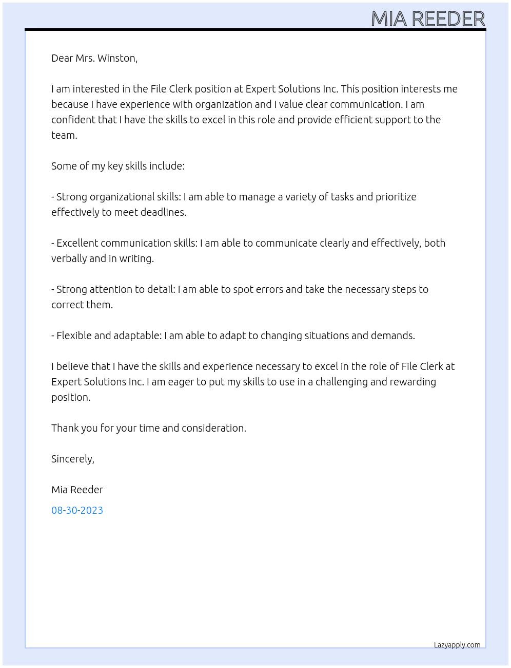 File Clerk At Expert Solutions Inc Cover Letter