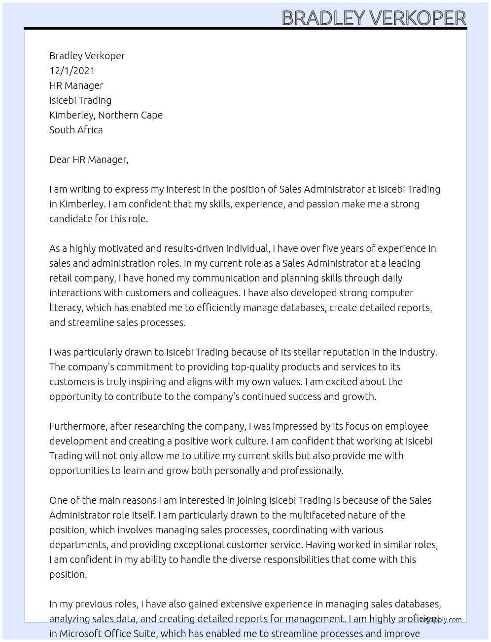 Sales Administrator At Isicebi Trading Cover Letter