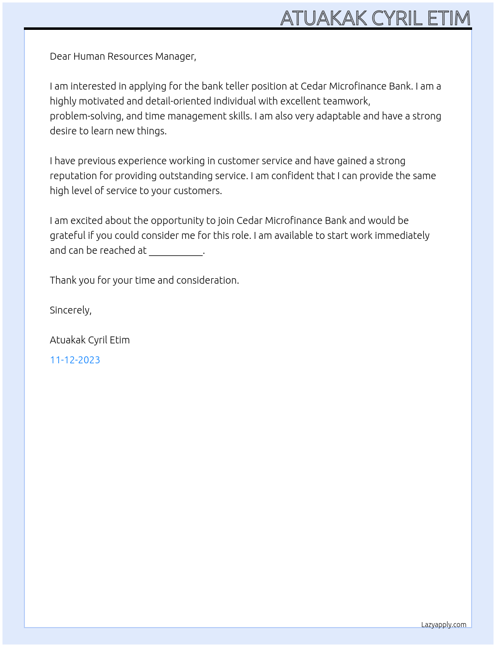 Bank teller At Cedar Microfinance Bank Cover Letter