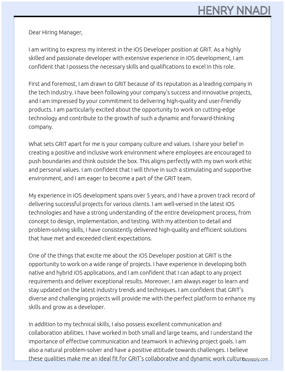 iOS Developer At GRiT Cover Letter