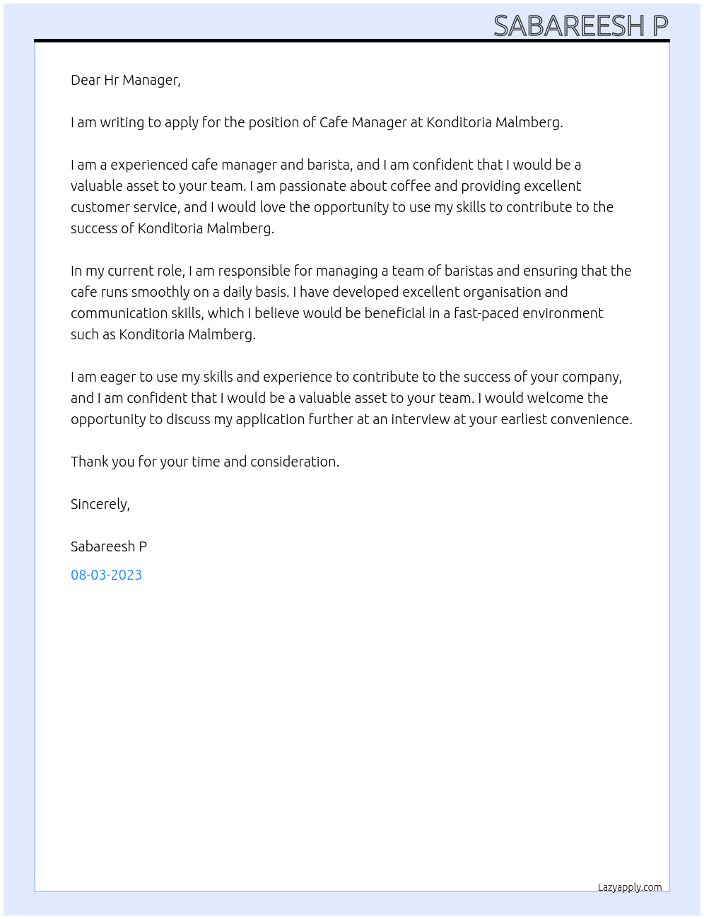 Cafe manager At Konditoria Malmberg Cover Letter