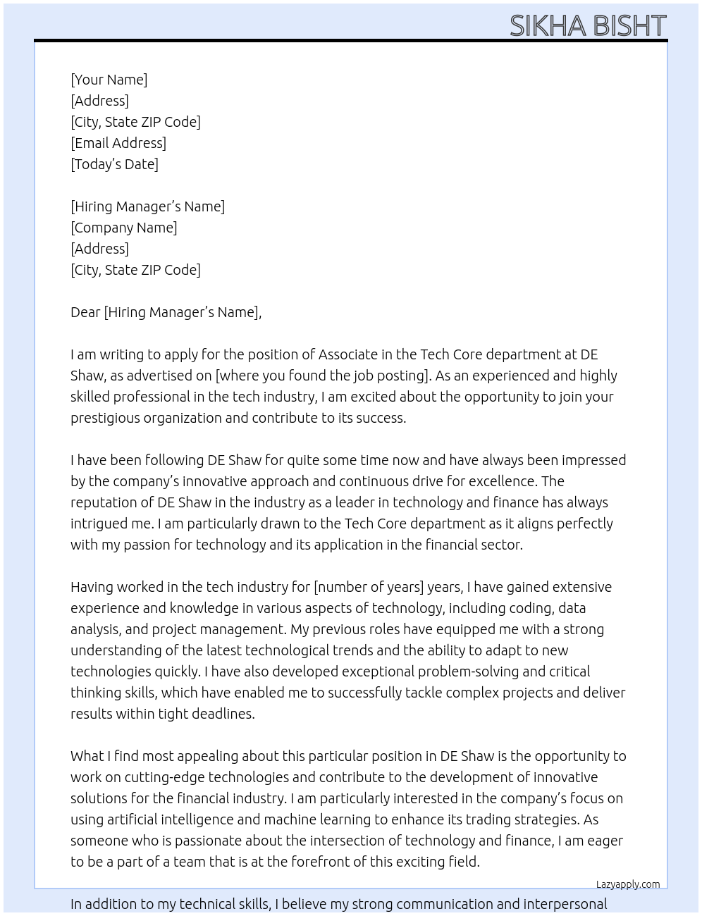 associate / tech core At DE Shaw Cover Letter